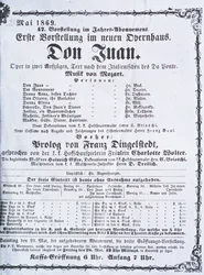 Plakat reklamujący wykonanie „Don Juana” (Don Giovanni) Wolfganga Amadeusza Mozarta (1756-91) maj 1869